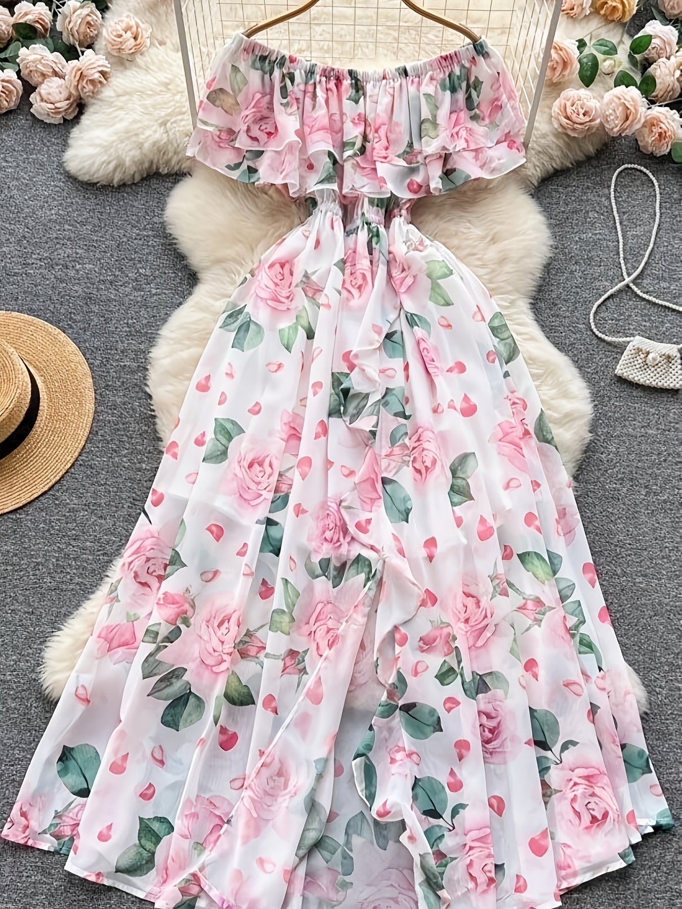 Elegant Women's Floral Print Off-Shoulder Dress - Ruffled Hem, Sleeveless, Polyester, Perfect for Spring/Summer
