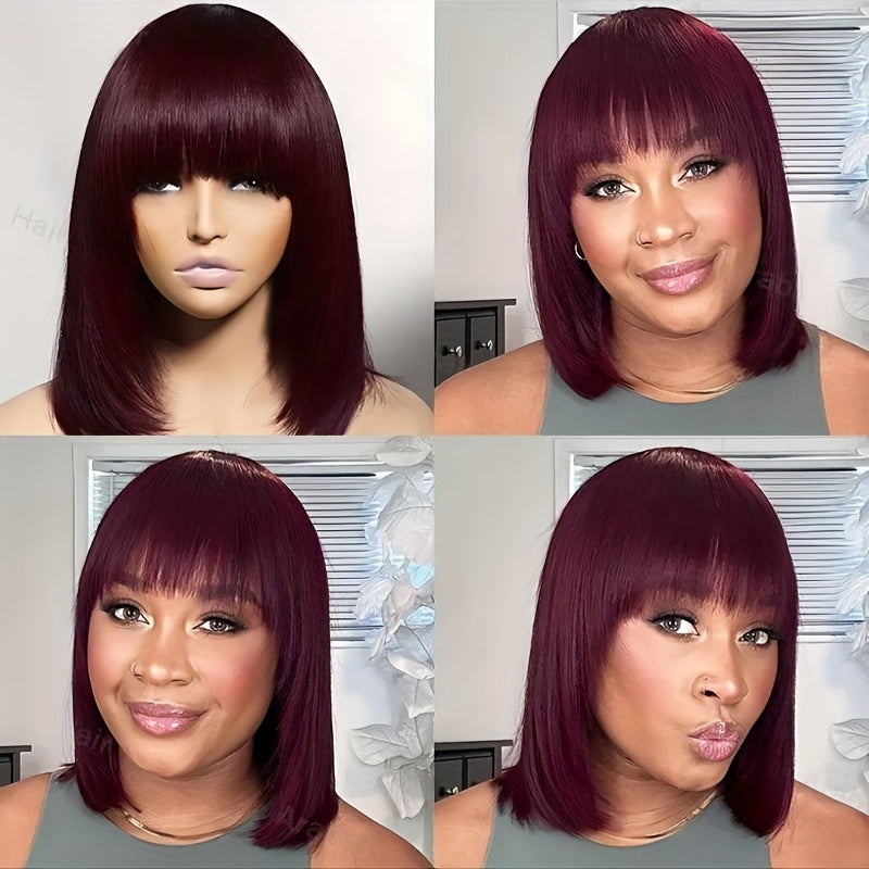 Burgundy Brazilian Virgin Human Hair Wig - 99J Short Straight Bob with Bangs, Glueless Comfort Fit, 180% Density Rose Net Cap, Natural Black Real Human Hair for Women, All Ethnicities, Perfect Gift, Short Hair Wigs, Stylish H