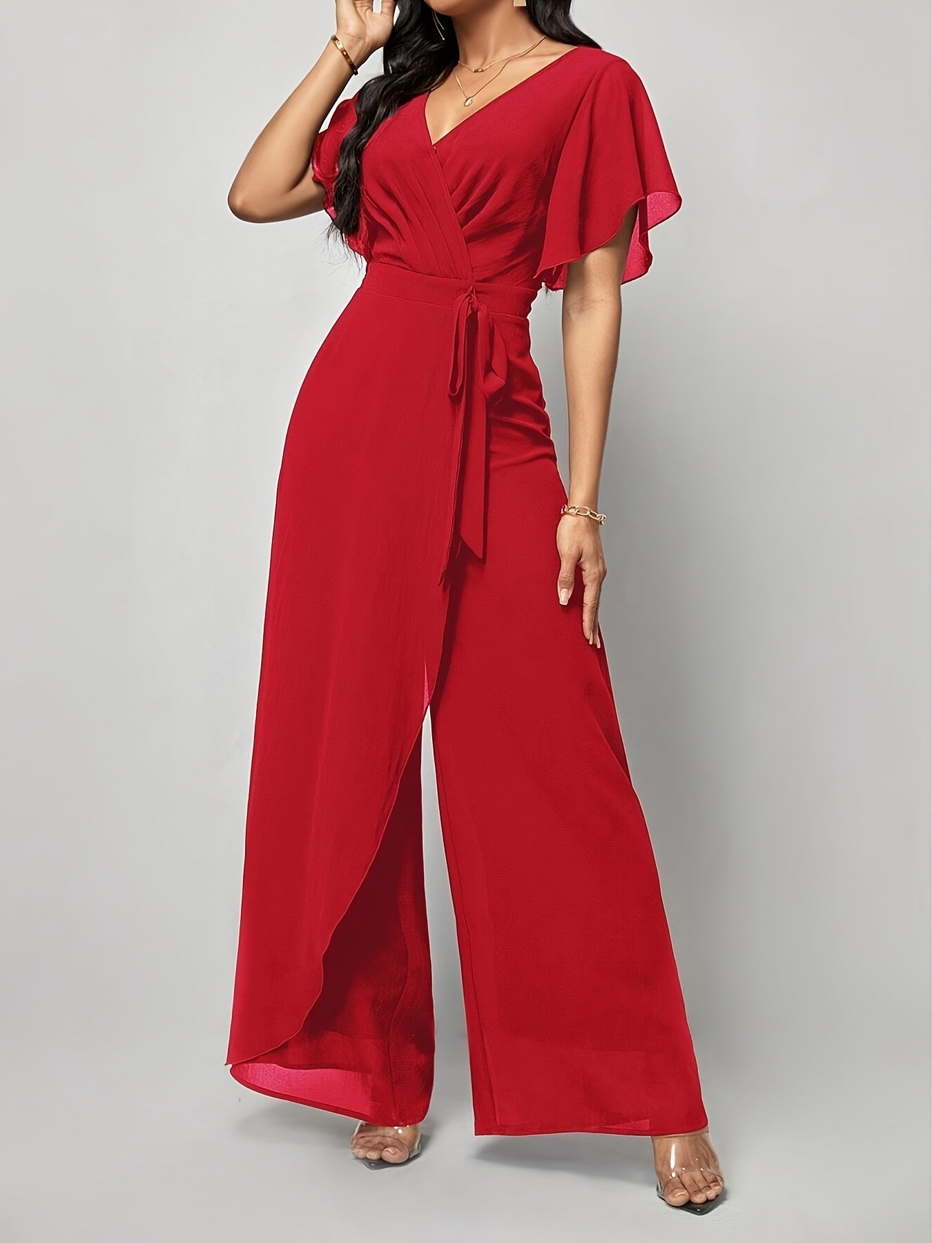 Elegant Green V-Neck Jumpsuit for Women - Solid Color, Wide Leg with Ruffle Sleeves & Tie Waist, Lightweight Polyester, Machine Washable - Perfect for Spring & Summer