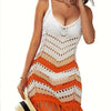 Women's Lightweight Knit Lace Beach Dress - V-Neck Geometric Pattern with Orange/Beige Stripes & Fringe Hem, Semi-Sheer X-Line Midi Dress for Spring Summer Fall, Casual to Evening Wear