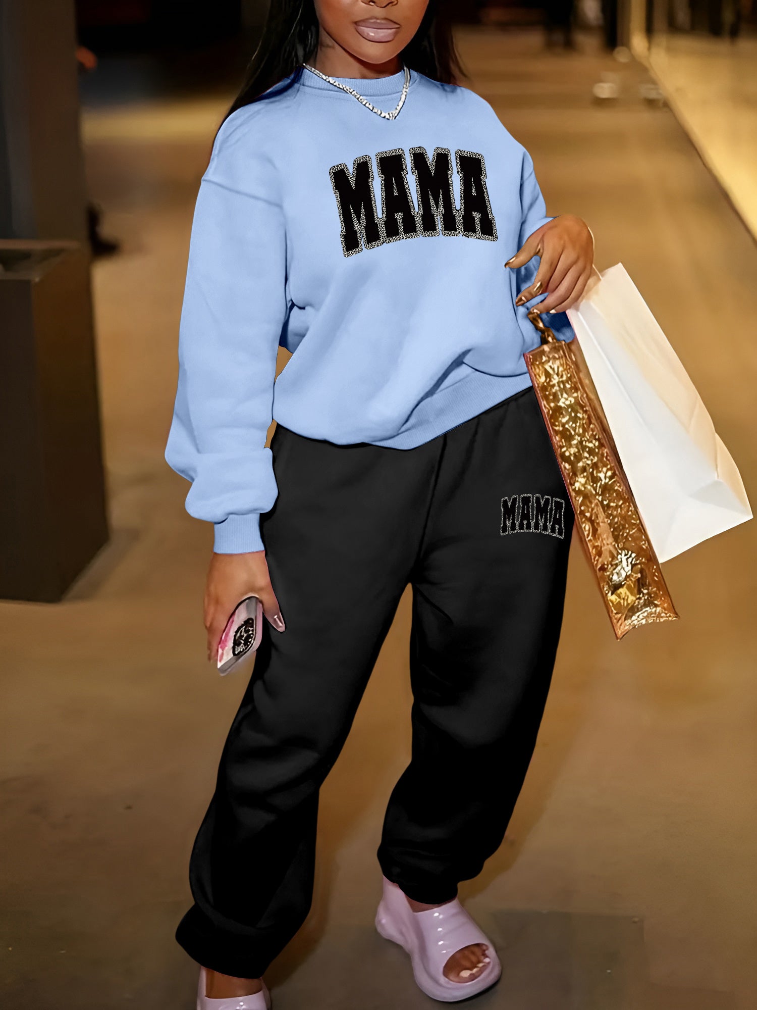 1set Women'S Casual Crew Neck Sweat Suit, Polyester Knit Fabric with Alphabet Pattern, Long-Sleeve Sweatshirt and Sweatpants Set for Fall/Winter
