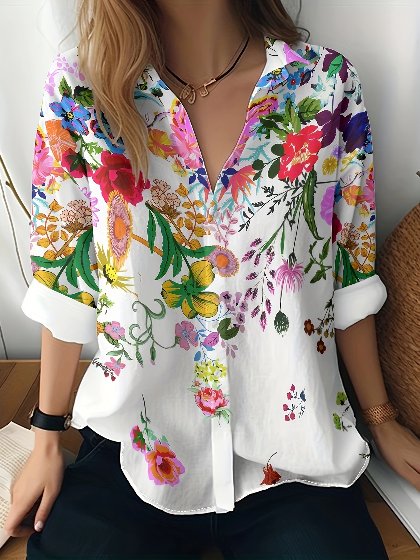 Women'S Floral Print Long Sleeve Shirt, Casual Polyester 100% Woven Blouse, Lapel Collar, Spring/Fall Season, 110g/m² Fabric Weight, Adult Fashion