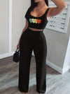 Chic Heart Pattern Casual Outfit for Women - Sleeveless Crop Top & High-Waist Pants Set, Stretchy Polyester Blend, Machine Washable