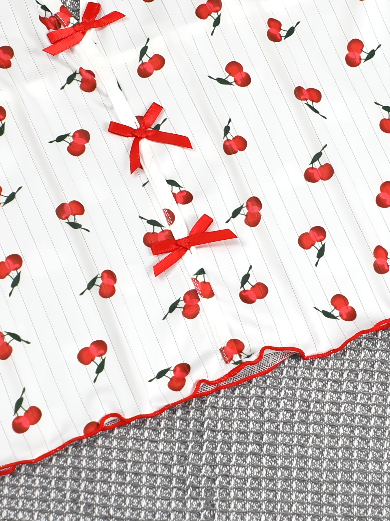 [Cherry Print Knit Pullover Pajama] Women'S Elegant Cherry Print Pajama Set, Sexy Spaghetti Strap Backless Long Pants, Knit Fabric Pullovers with Contrast Mesh, Polyester 95% Elastane 5%, Spring/Summer/Fall Sleepwear