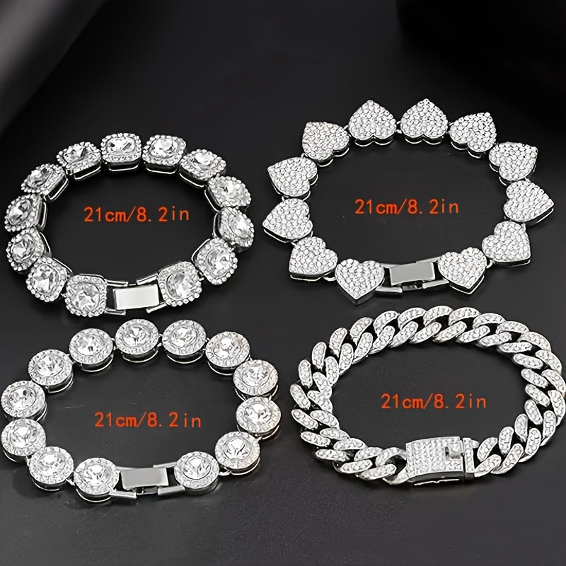 4pcs Set Golden Bracelet Women Girls Silvery Cluster Tennis Bracelet Women Heart Round Cuban Bracelet Layered Link Bracelet Set Fashion Jewelry Women Girls Gift Set