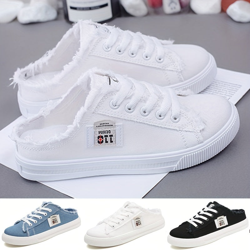 Round Toe Breathable Women's Solid Canvas Shoes Slippers Lace Up Slip On, All-match Footwear