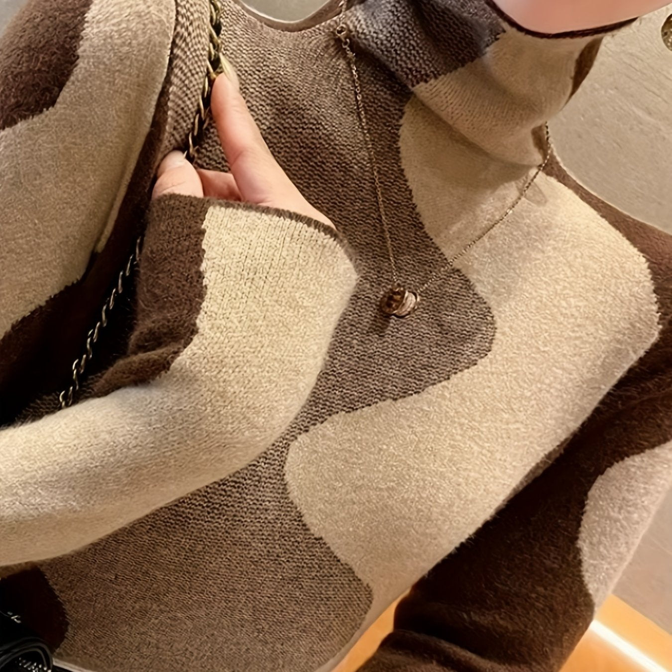 Elegant Turtleneck Sweater for Women - Chic Geometric Pattern, Soft Knit Blend, Perfect for Fall/Winter, Machine Washable