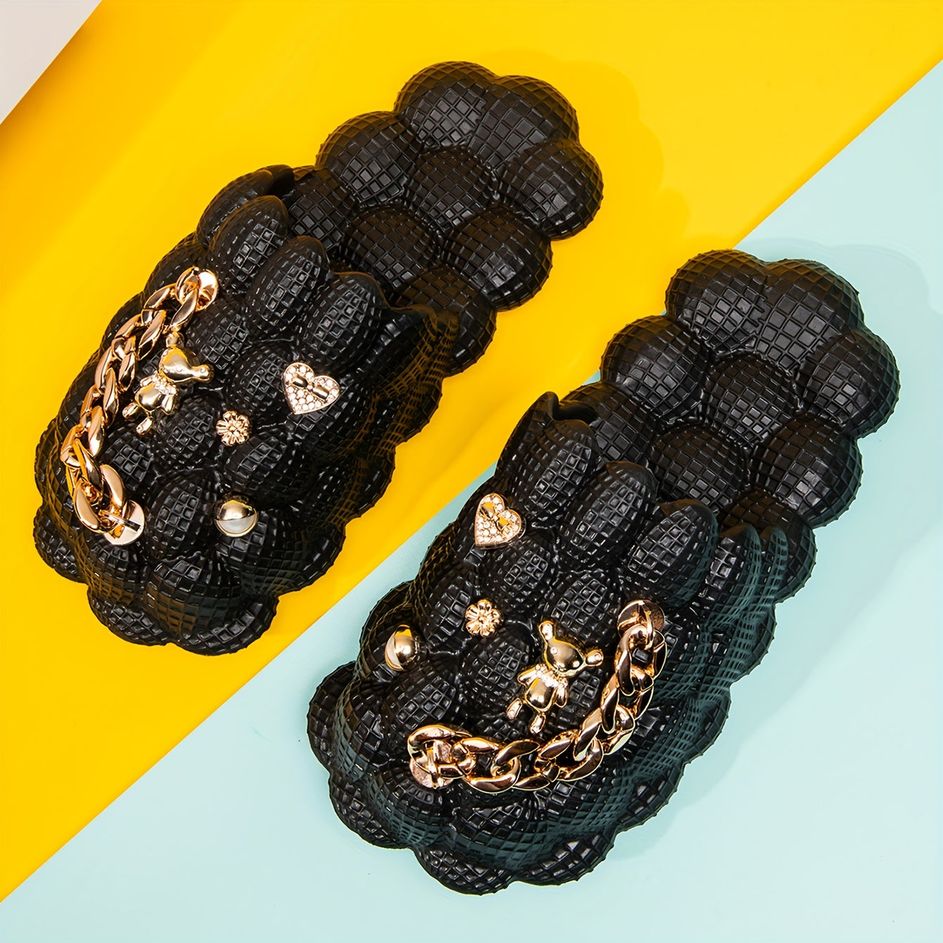 Women's Fashion Trendy Bubble Slippers With Golden Chain, Soft Comfortable Bottom Outdoor Slippers