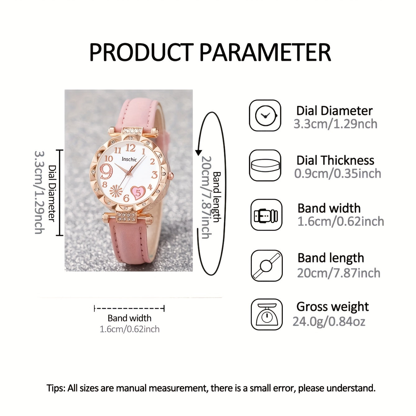 6pcs Elegant Faux Leather & Rose Golden Accessory Set - Heart-Shaped Watch, Bracelet, Necklace, Earrings with Pink Rhinestones - Perfect Mother'S Day Gift for Moms, Everyday Style, Everyday Accessory Set|Fashionable Gift Set|