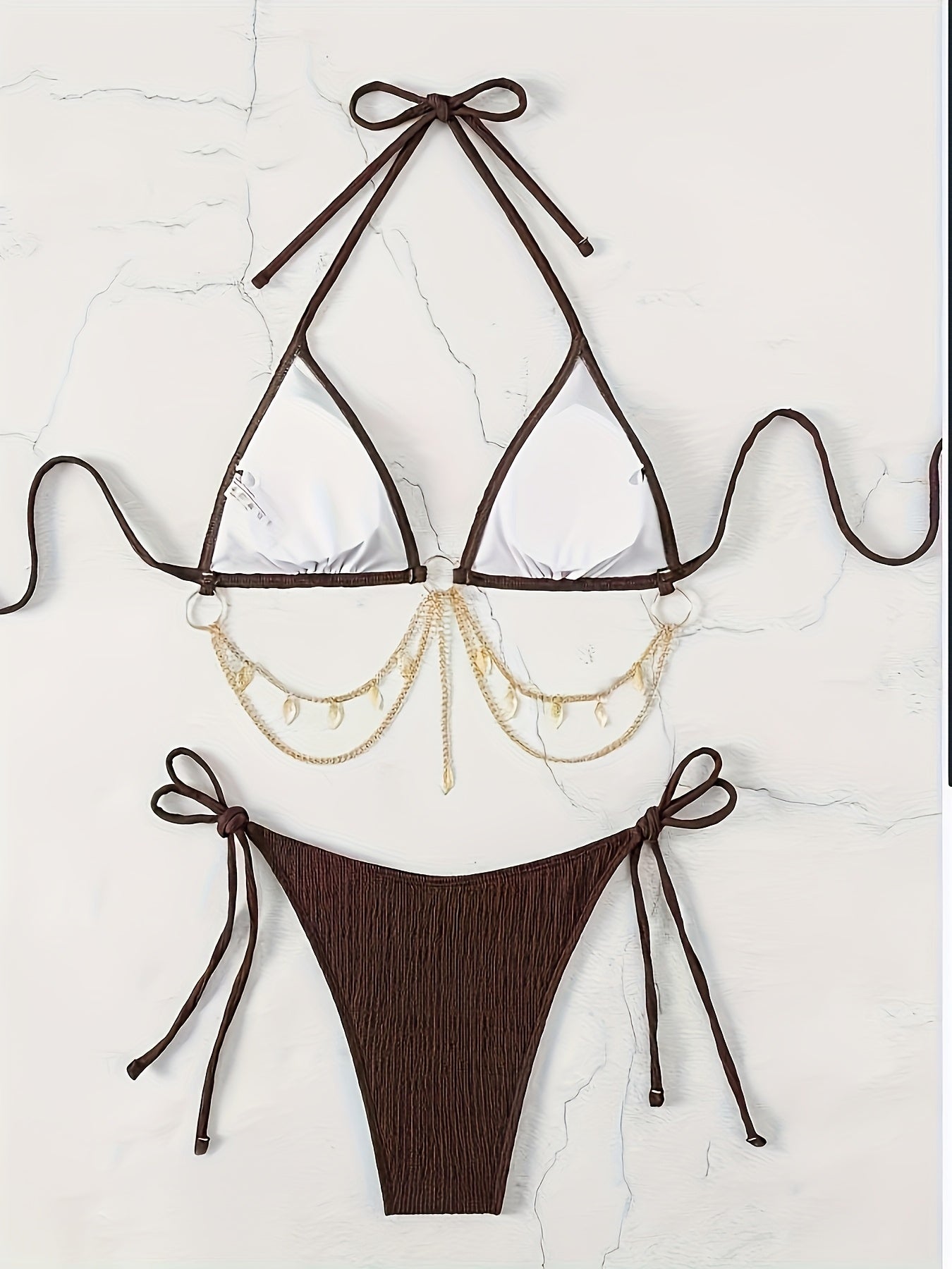 Sexy Women'S Split Bikini Swimsuit With Golden Chain Solid Color