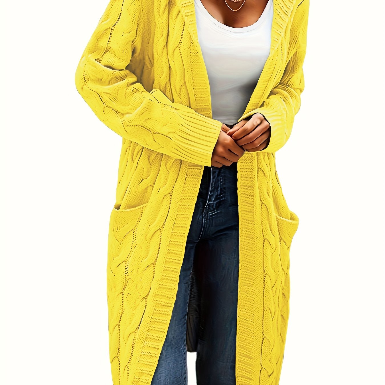 [Open Front] Women's Casual Cardigan - Black Cable Knit, Long Sleeve, Open Front with Pockets - Relaxed Fit for Fall/Winter
