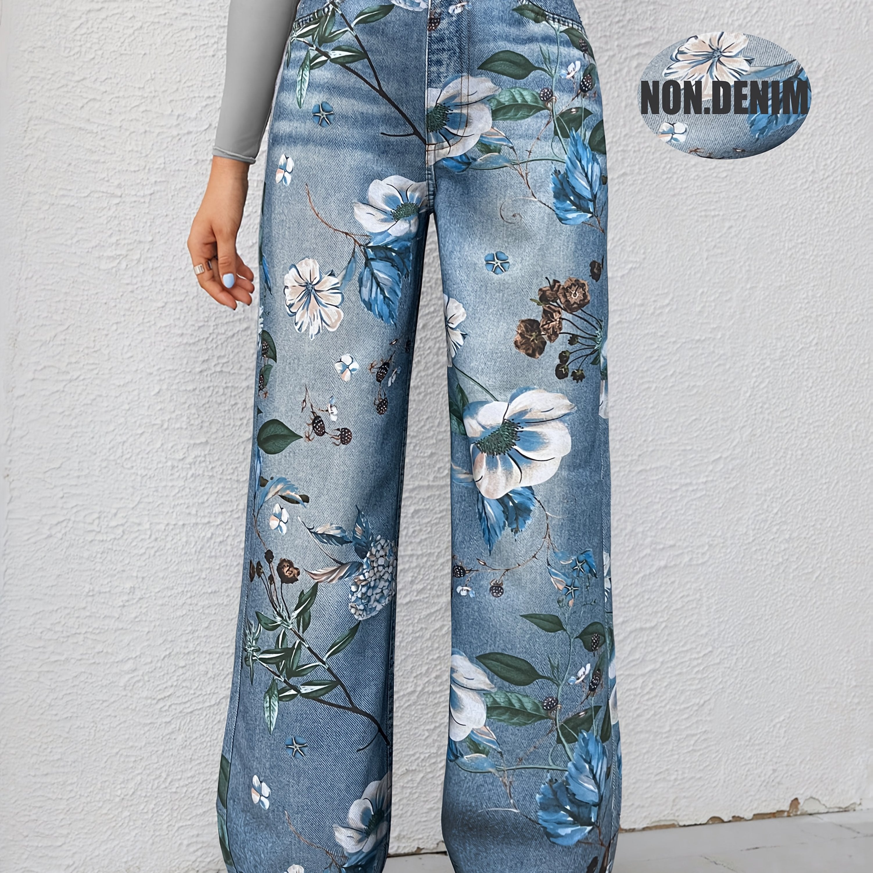 Loose-Fitting Casual Street Style Retro Floral Print High-Waisted Wide-Leg Blue Faux Denim for Women'S Fashion in All Seasons.