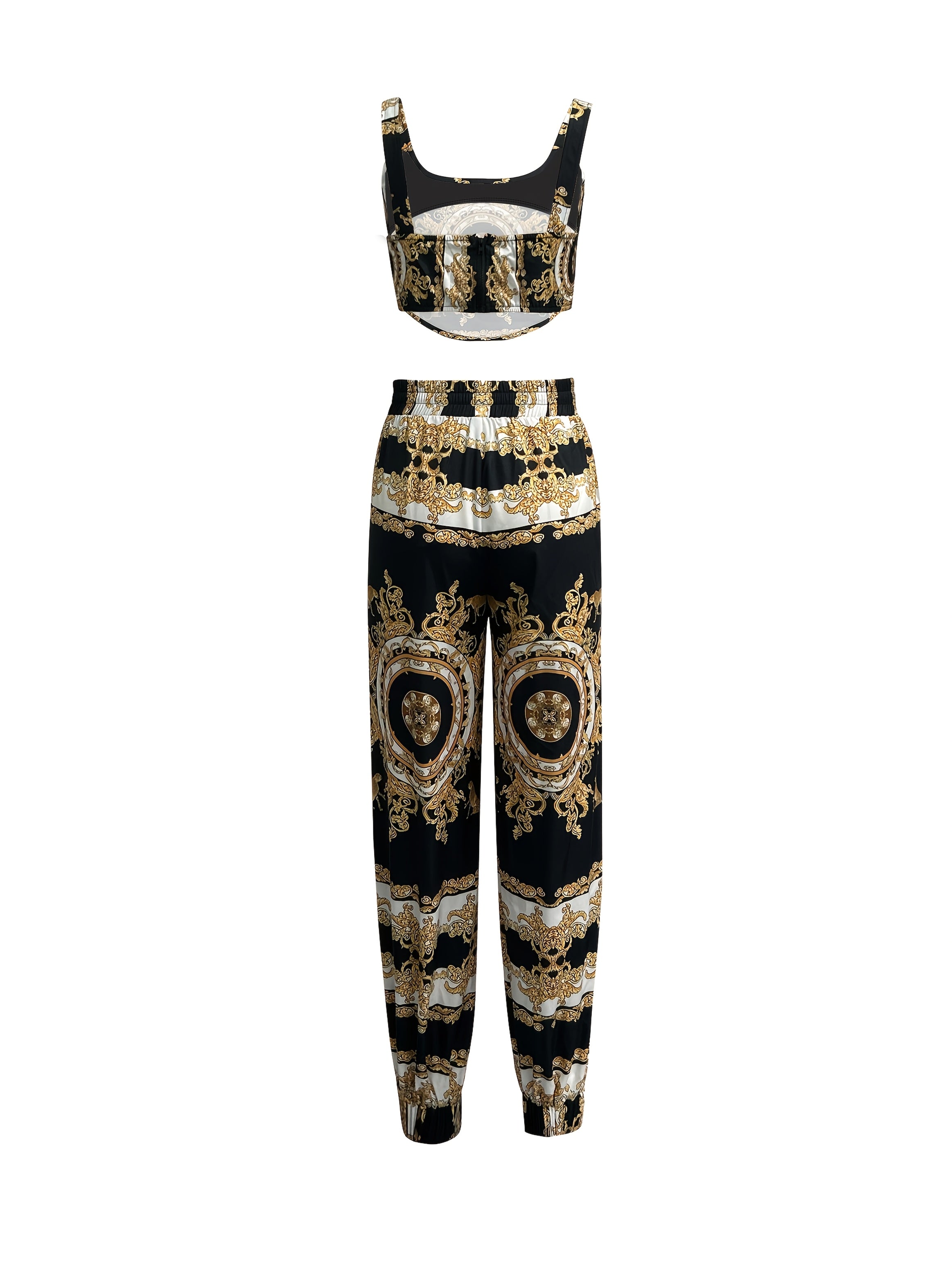 Elegant Women'S Paisley Print Crop Top and Jogger Pants Set, Polyester Spandex Blend, Woven, with Spaghetti Strap, for All-Season
