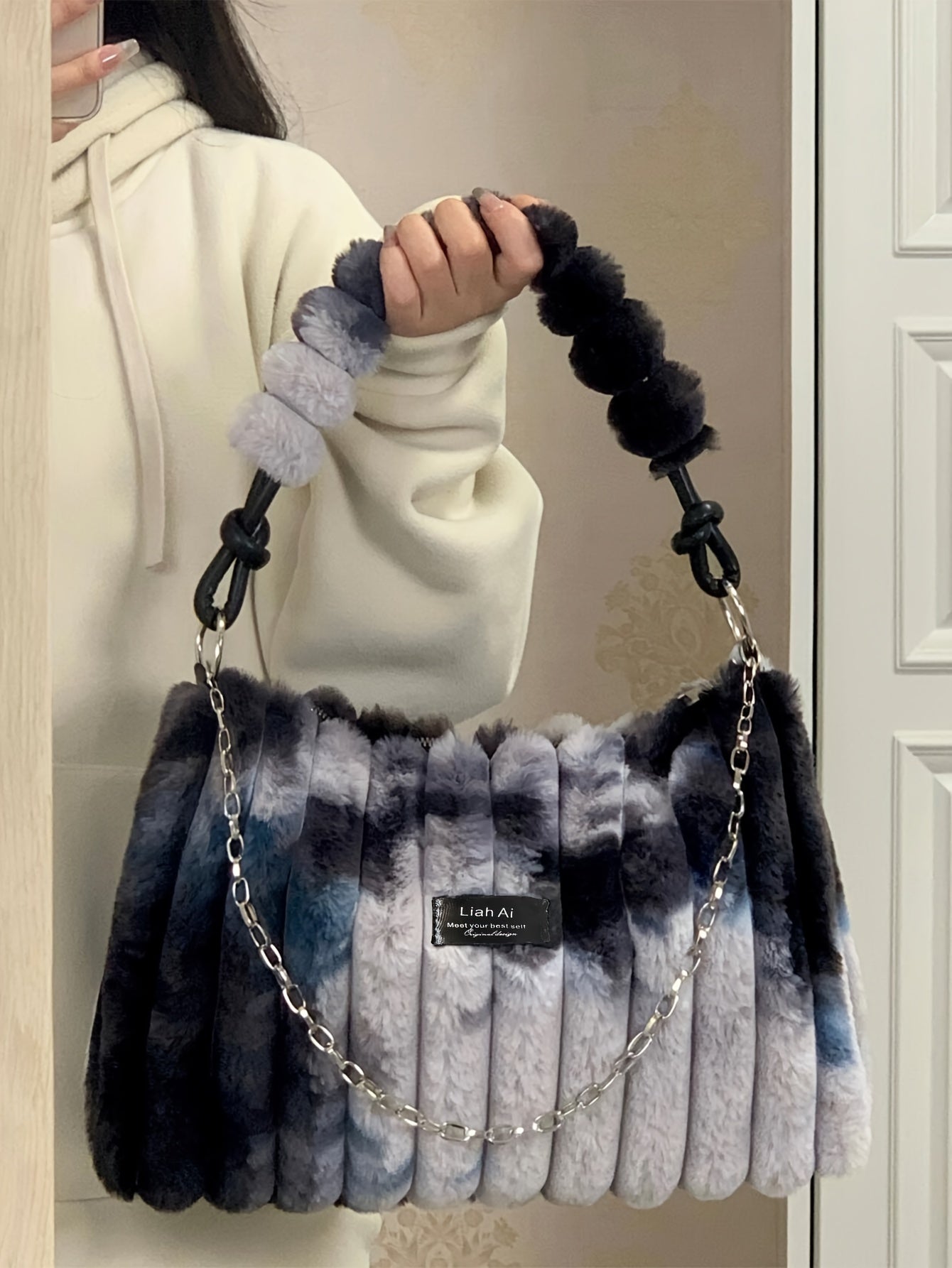 Chic Tie-Dye Plush Shoulder Bag for Women - Spacious & Stylish with Secure Zip Closure, Canvas Lined