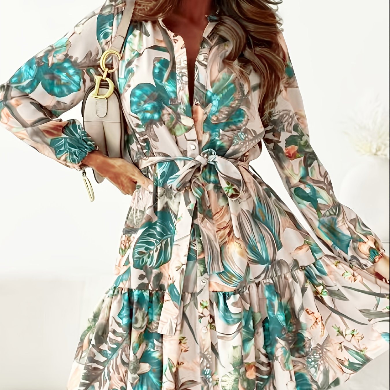 1pc Women's Floral Print Peplum Dress with Lapel Collar and Button Details, 95% Polyester 5% Elastane, All-Season Woven Fashion Dress for Adults