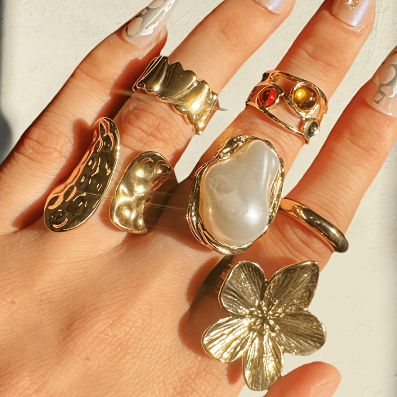 6pcs set of fashionable open ring sets, adjustable in size, suitable for many people to wear high-end rings, beautiful when worn alone or stacked, exquisite gift for friends, bohemian style jewelry combination