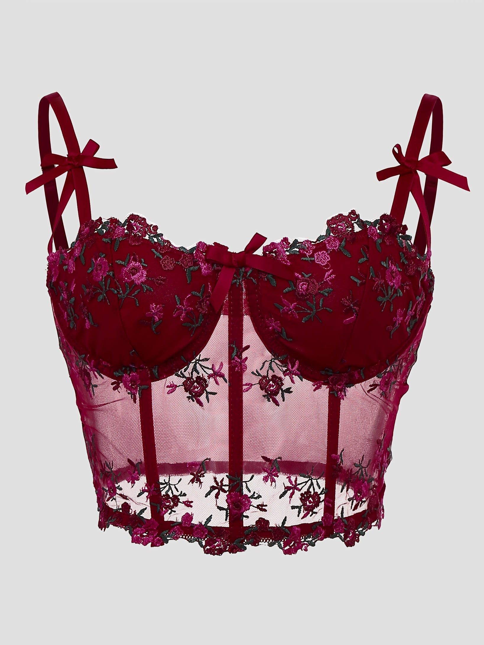 Elegant Black & Red Rose Floral Lace Embroidered Corset Top - Sexy Low-Cut V-Neck Fishbone Mesh Bustier with Adjustable Straps for Women, Perfect for Spring/Summer/Fall, Autumn Clothing | Floral Embroidery | Rose Pattern Desi