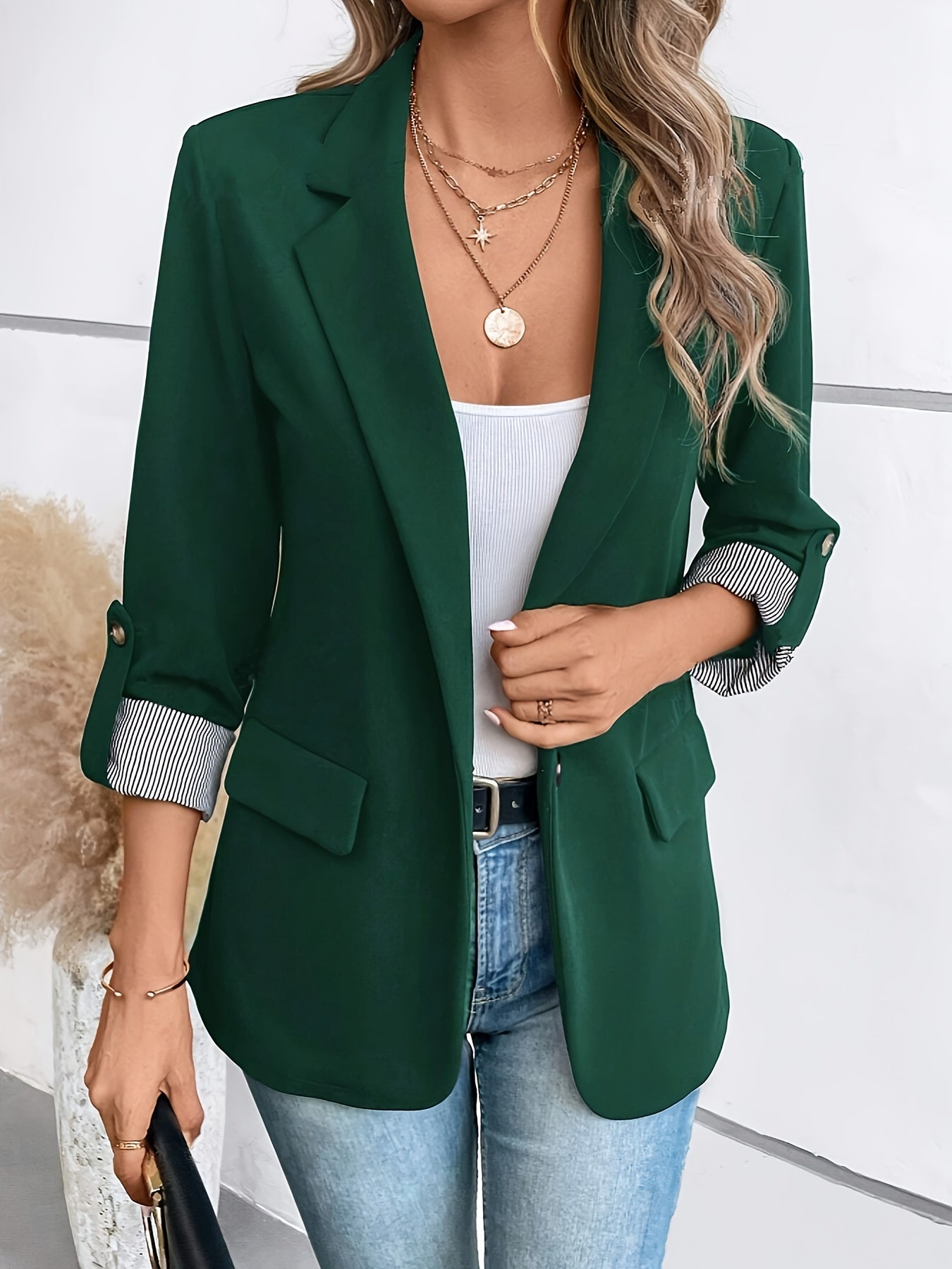 Stylish Women's Blazer with Striped Cuff Detail - 100% Polyester, Single Button Closure, Regular Fit, Long Sleeves, Perfect for Spring & Fall Casual or Semi-Formal Wear, Casual Women's Wear | Versatile Fashion | Polyester Fab