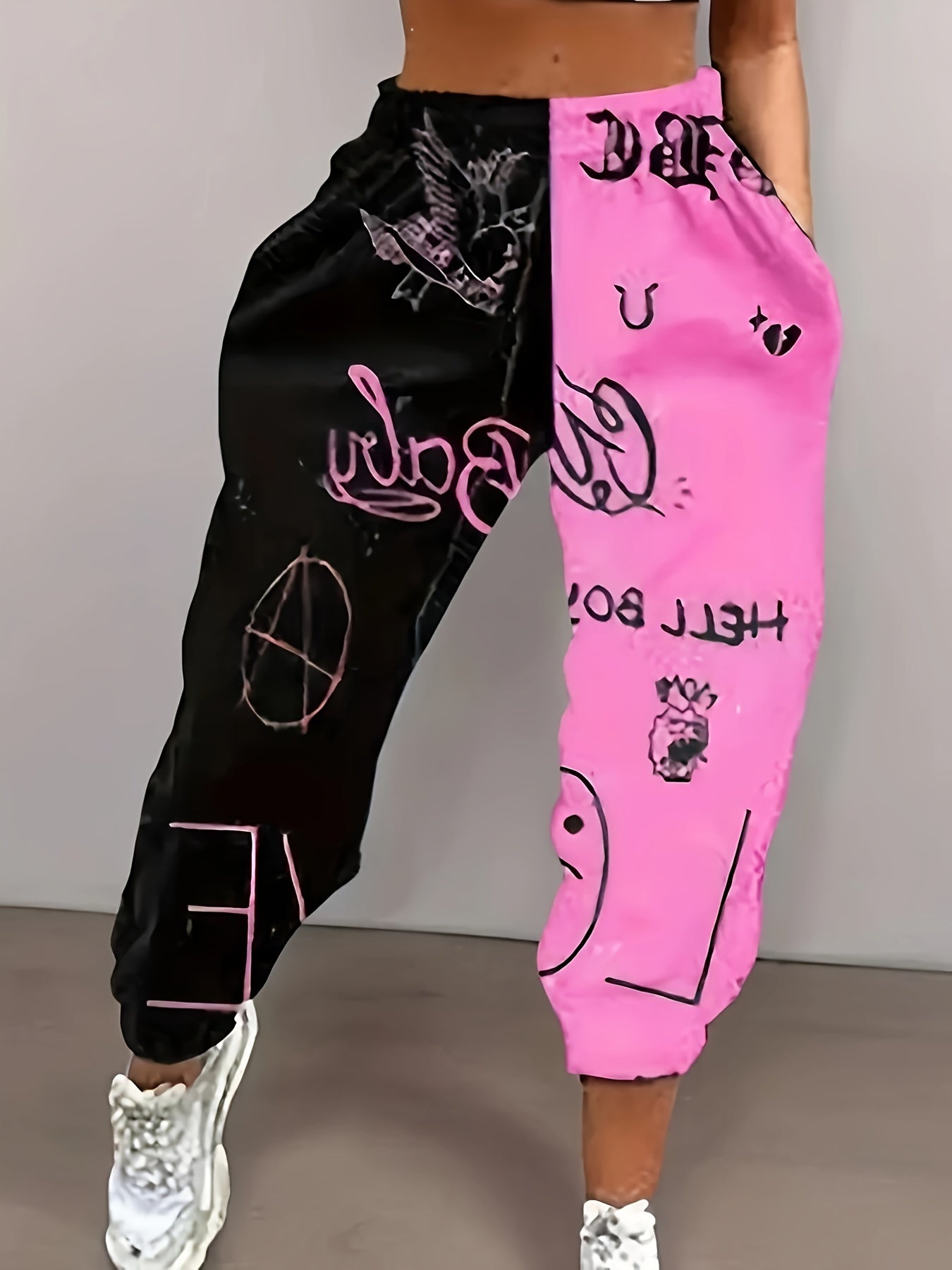 Women's Casual Jogger Pants - Loose-Fit Elastic Cuff Sweatpants with Black & Pink Color-Block Design, Letter & Graphic Prints (Hearts, Stars, Peace Signs), All-Season Machine Washable Lounge Pants for Women, Jogging Pants, Ca