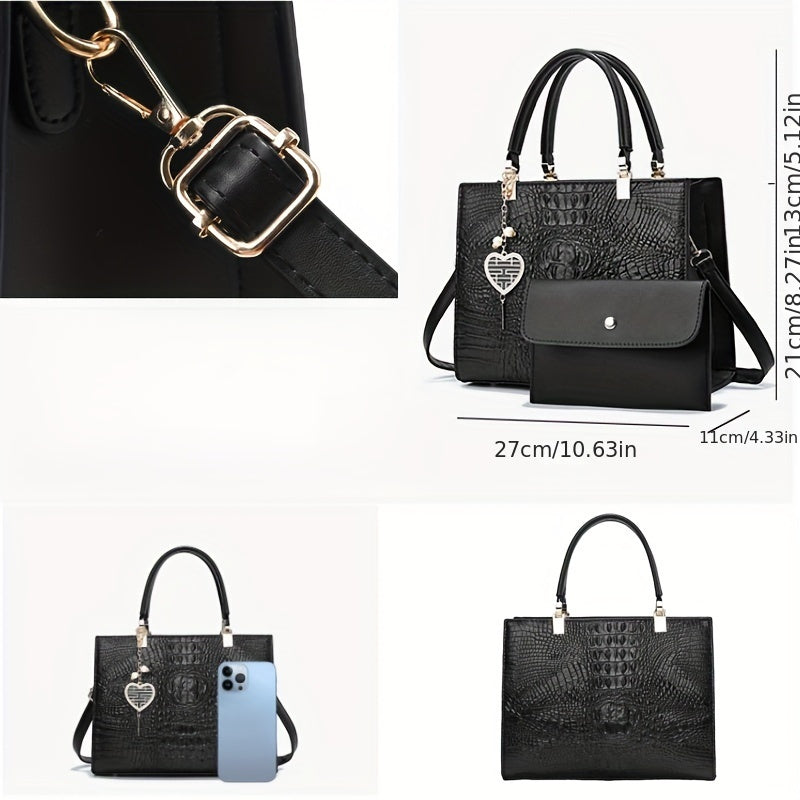 Women's Casual Large Capacity Handbag - Crocodile Pattern PU Purse with Removable Strap | Zipper Closure | Polyester Lining
