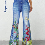 1pc Women'S Floral Print Flare Leg Faux Denim, Polyester Knit Fabric, All-Season Adult Bell Bottoms