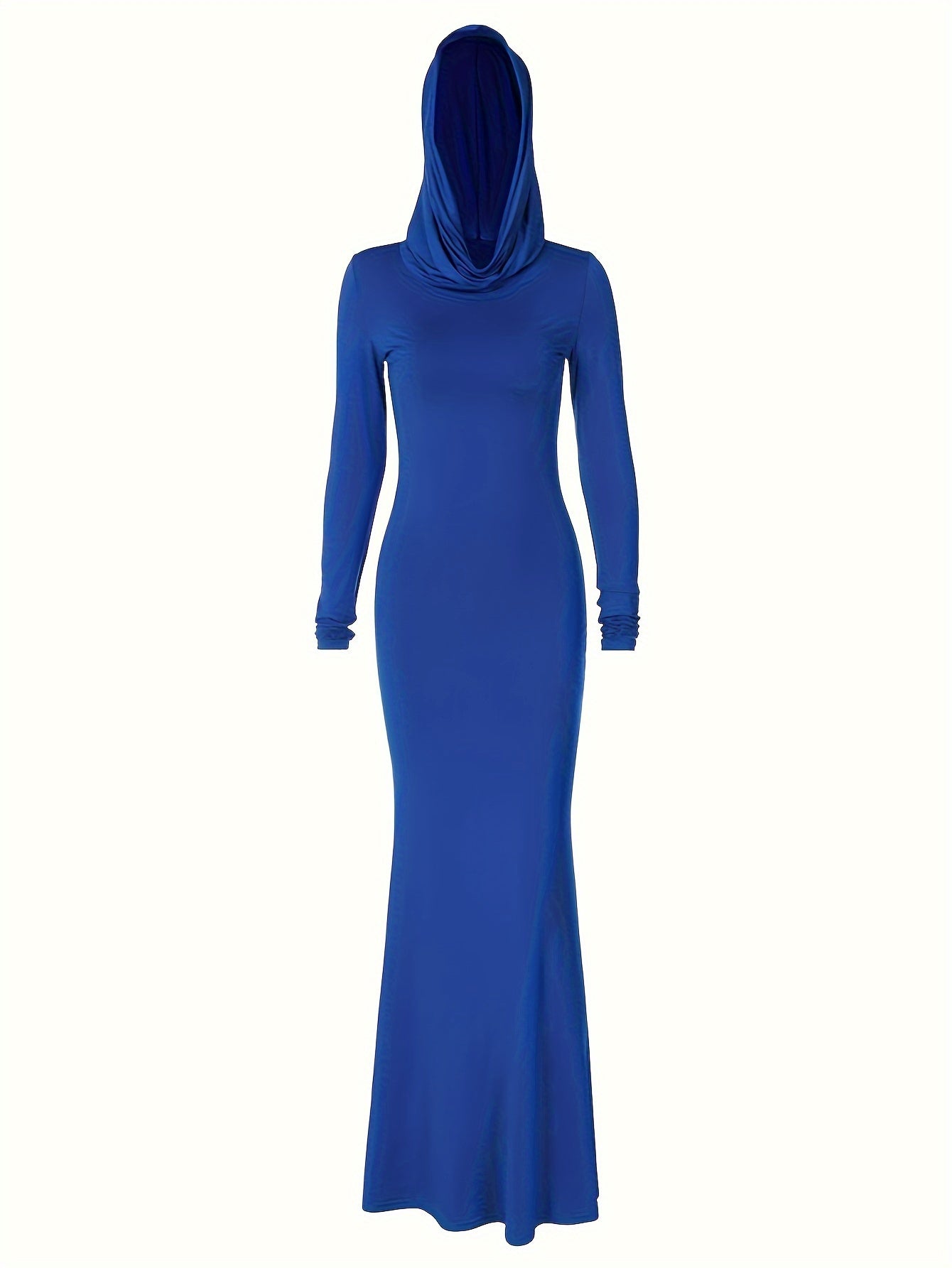 Solid Color Slim Hooded Dress, Sexy Long Sleeve Mermaid Hem Maxi Dress For Evening Party, Women's Clothing For Party Dressing