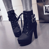 Womens Fashion Solid Color Lace-Up High Heel Boots - Stiletto Heel with Stable Block Base - Secure Buckle Ankle Strap - Trendy & Comfortable