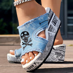 Newspaper Buckle Denim Wedge Slippers - Without Anklet