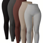 5-Pack Women'S High-Waisted Seamless Yoga Leggings, Thickened Nylon Knit, Solid Color, Stretchy, Non-Waterproof, Long Length, Basic Style with 366g/m² Inner Lining Weight for All Seasons