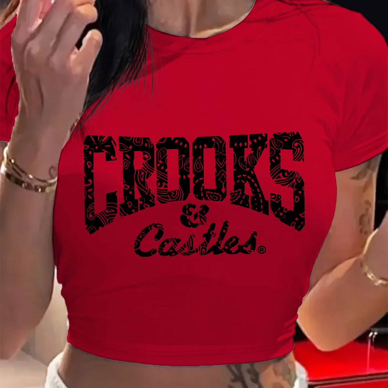 CROOKS & CASTLES Women's Y2K Graphic Crop Top - Vibrant Red with Bold Black Letter Print, Lightweight Summer Short Sleeve Shirt, Round Neck Casual Streetwear, Machine Washable, Trendy Outfit | Nontransparent Material