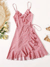 Women'S Summer Floral Print Off-Shoulder Ruffle Dress - Slimming Waist Tie, Lace-Up Detail, Casual Elegant Style