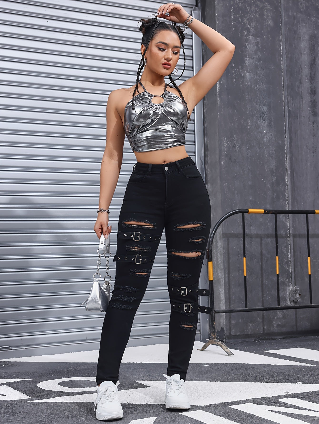 High-Waisted Distressed Denim Jeans For Women, Stretch Fabric Blend, Four-Season Fit, Fashionable And Trendy
