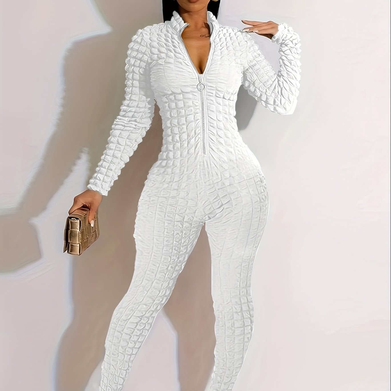 Women'S Solid Color Popcorn Jumpsuit, Polyester 95% Spandex 5% Long Sleeve Crew Neck Knit Fabric, Chain Detail, Regular Sleeve, Spring/Fall Season, 250g/m² Fabric Weight