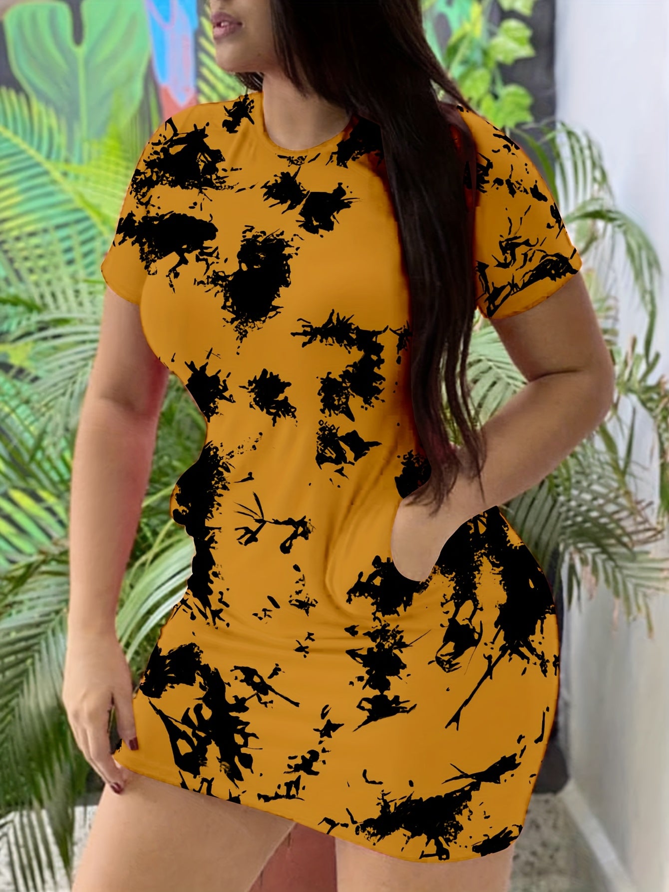 Women's Elegant Tie-Dye Print Short Sleeve Dress - Casual Round Neck Fitted Flared Skirt with Pockets, Machine Washable Pink & Black Summer Dress for Spring/Fall, Spring Fashion | Tiedye Pattern Dress | Comfortable Fabric
