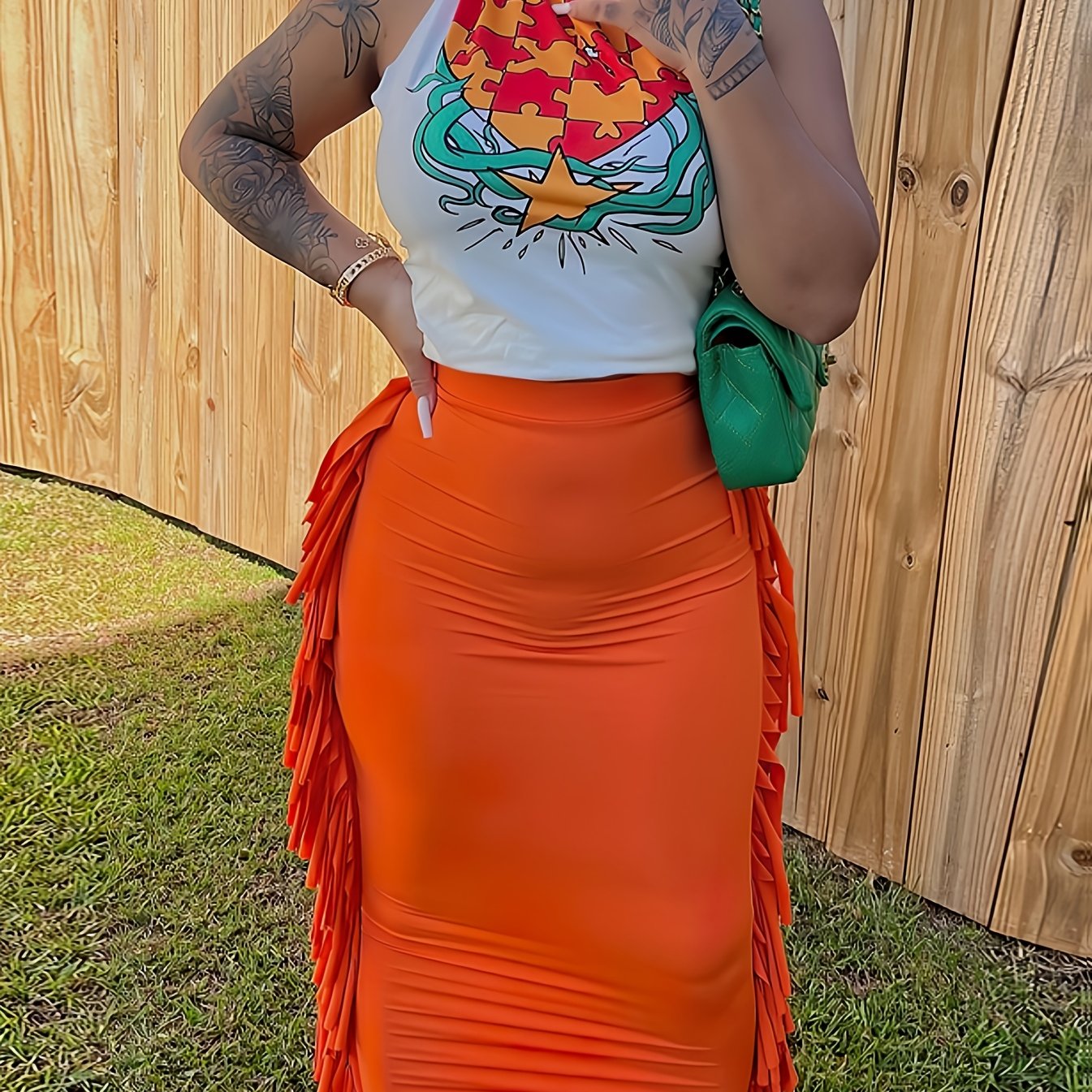 Y2K-Inspired Geometric Print Halter Top & Tassel Skirt Set - Stretchy Polyester Blend, Machine Washable - Women's Fashion for Spring/Summer