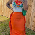 Y2K-Inspired Geometric Print Halter Top & Tassel Skirt Set - Stretchy Polyester Blend, Machine Washable - Women's Fashion for Spring/Summer