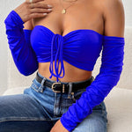 Women's Drawstring Front Off Shoulder Ruched Long Sleeve Crop Top - Sexy & Stylish - For Nightclub & Parties - Perfect Gift for Women