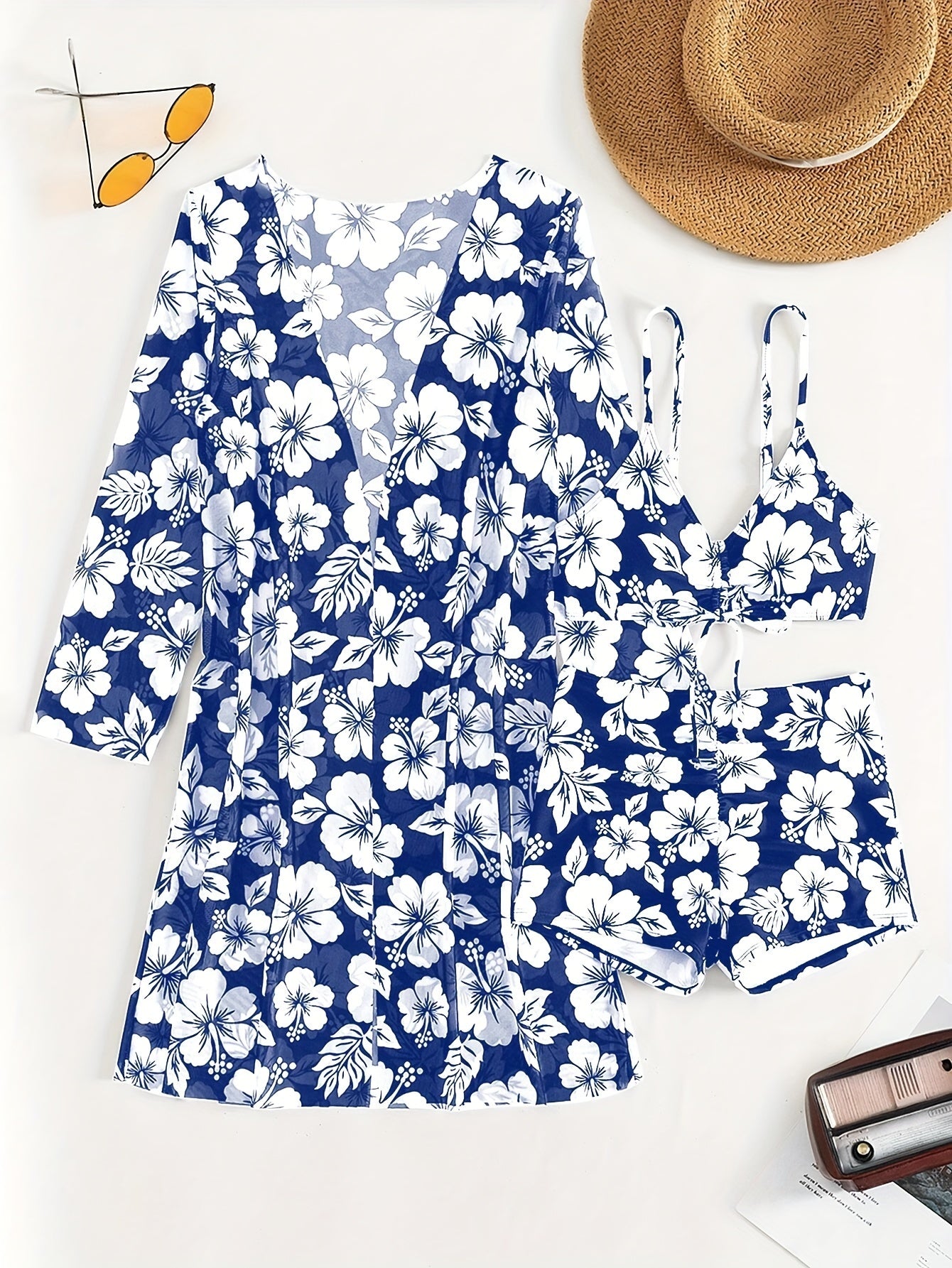Floral Pattern 3 Piece Set Bikini, Drawstring V Neck Boxer Short Bottom With Long Sleeves Cover Up Shirt Swimsuits, Women's Swimwear & Clothing