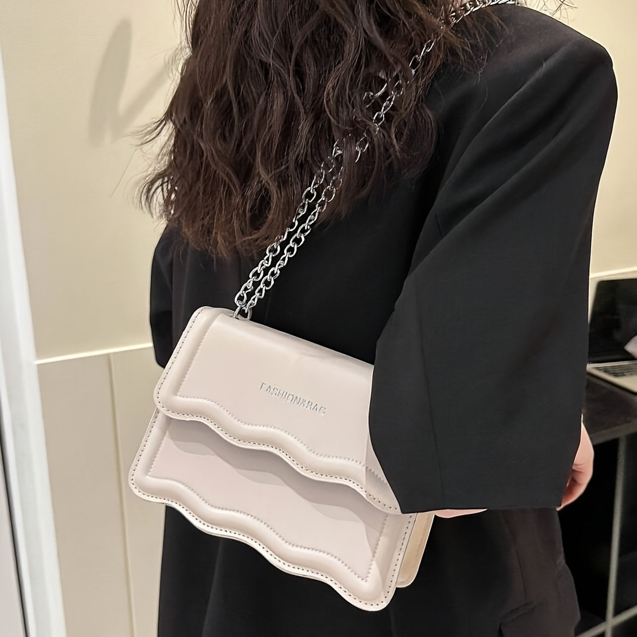 Elegant Mini Messenger Bag for Women: Magnetic Closure, Scallop Design, Chain Strap, Faux Leather Lining, Solid Color