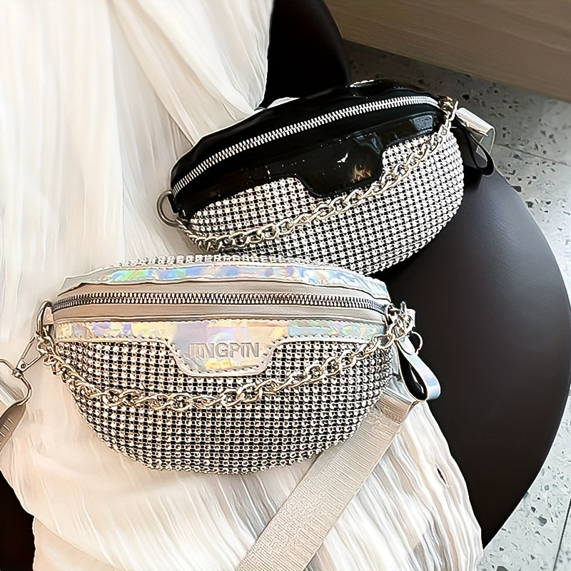 Glittering Rhinestone Fanny Pack with Chain Detail - Stylish Women’s Crossbody Waist Bag, White, Adjustable Strap, Zipper Closure, Perfect for Casual or Festive Occasions, Versatile Crossbody | Rhinestone Embellished | Adju