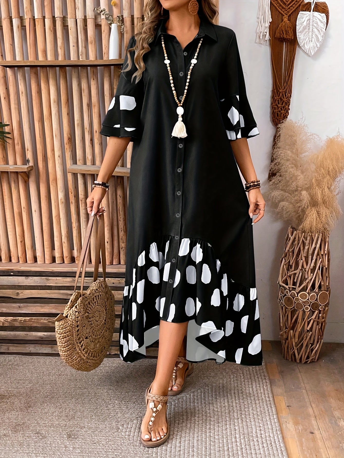 Elegant Women'S Long Sleeveless Dress with Front Button Detail and Polka Dot Print - Semi-Sheer A-Line Midi Skirt Dress for Spring/Fall, Cute Dress