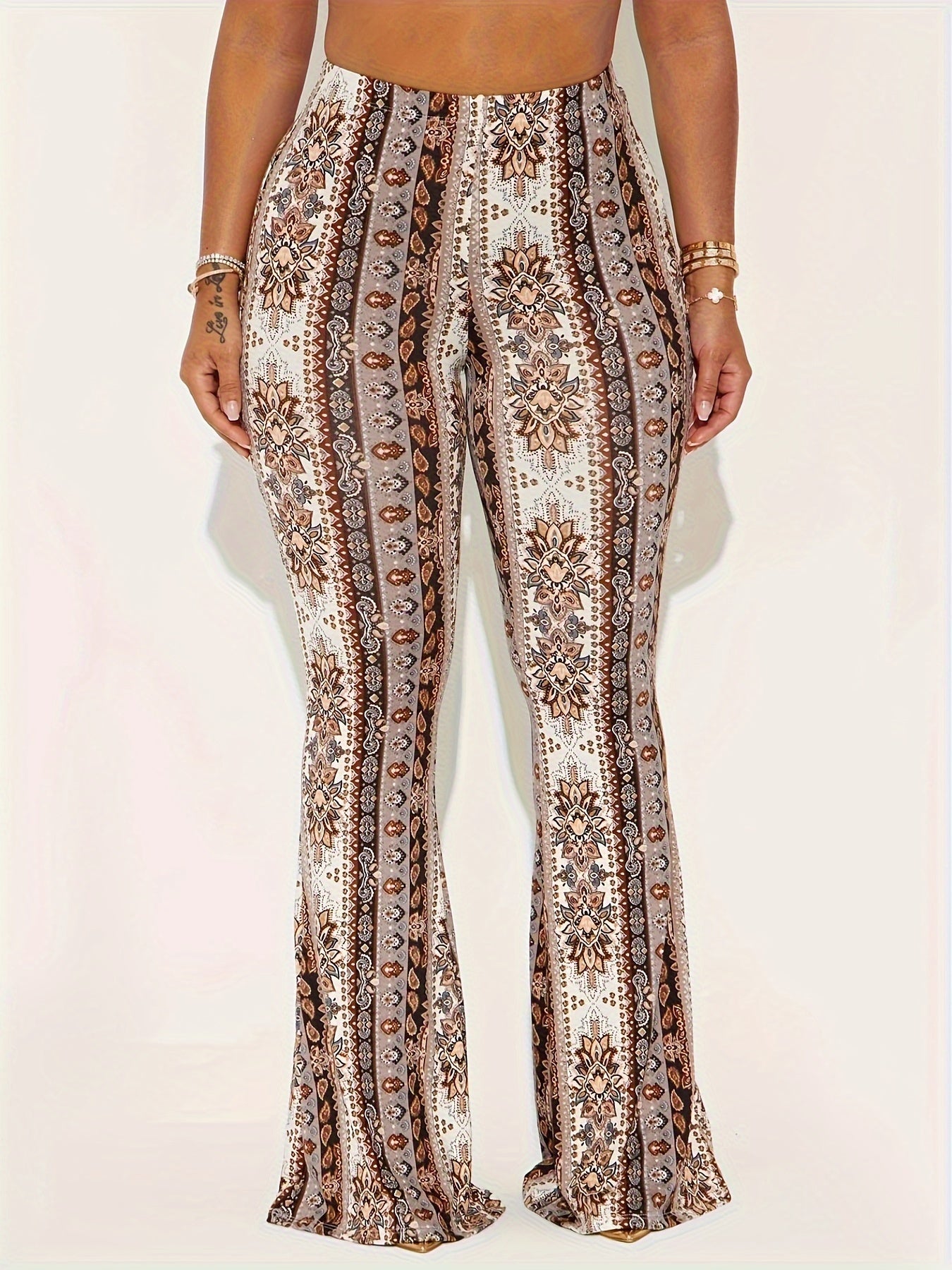Elegant Flared Pants with Paisley Pattern - Adult Size, Polyester Material, Suitable for All Seasons