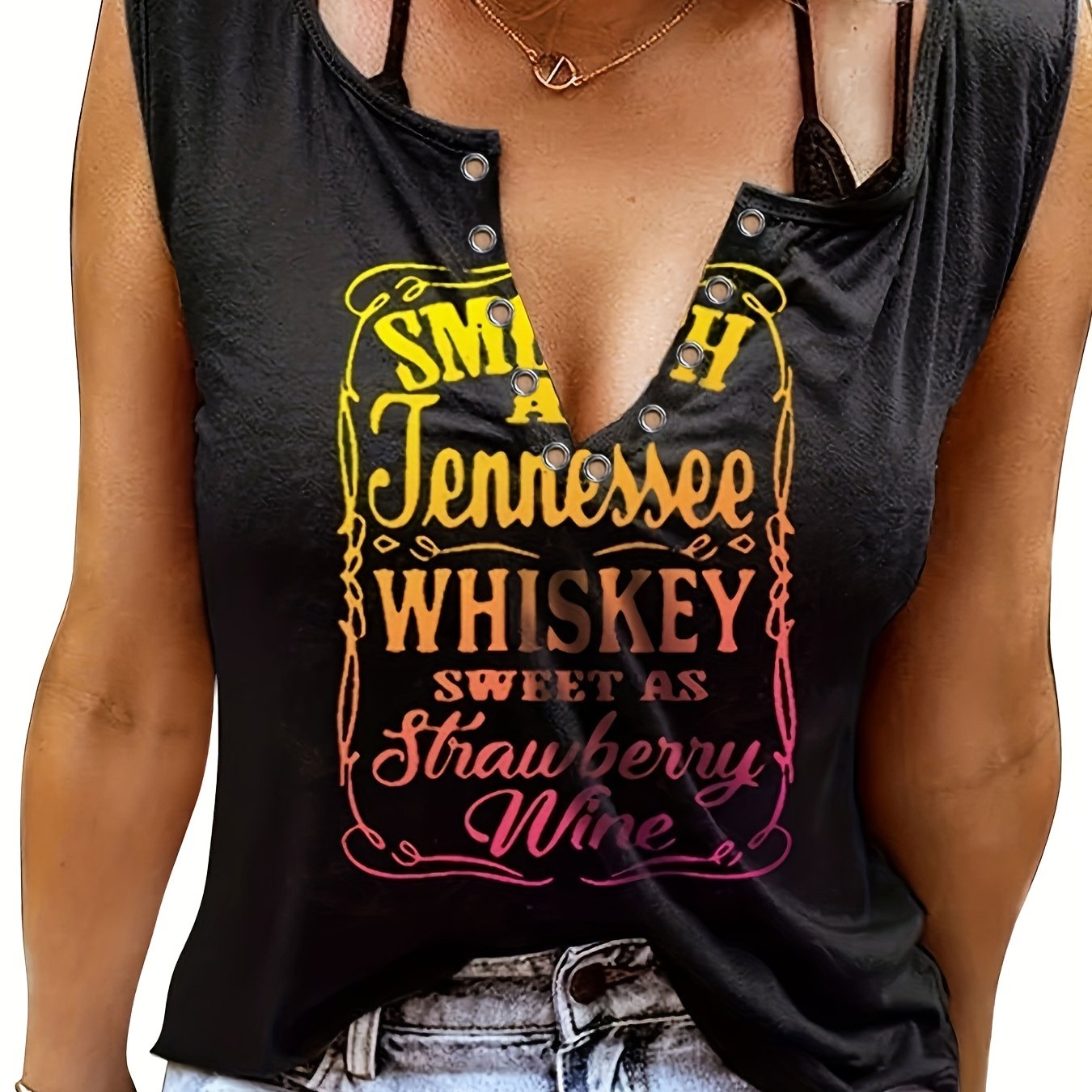 Ladies' Fun Alphabet Print V-Neck Sleeveless T-Shirt - Polyester, Casual Style, Machine Washable, Lightweight & Comfortable for Casual Attire, Ladies T Shirts