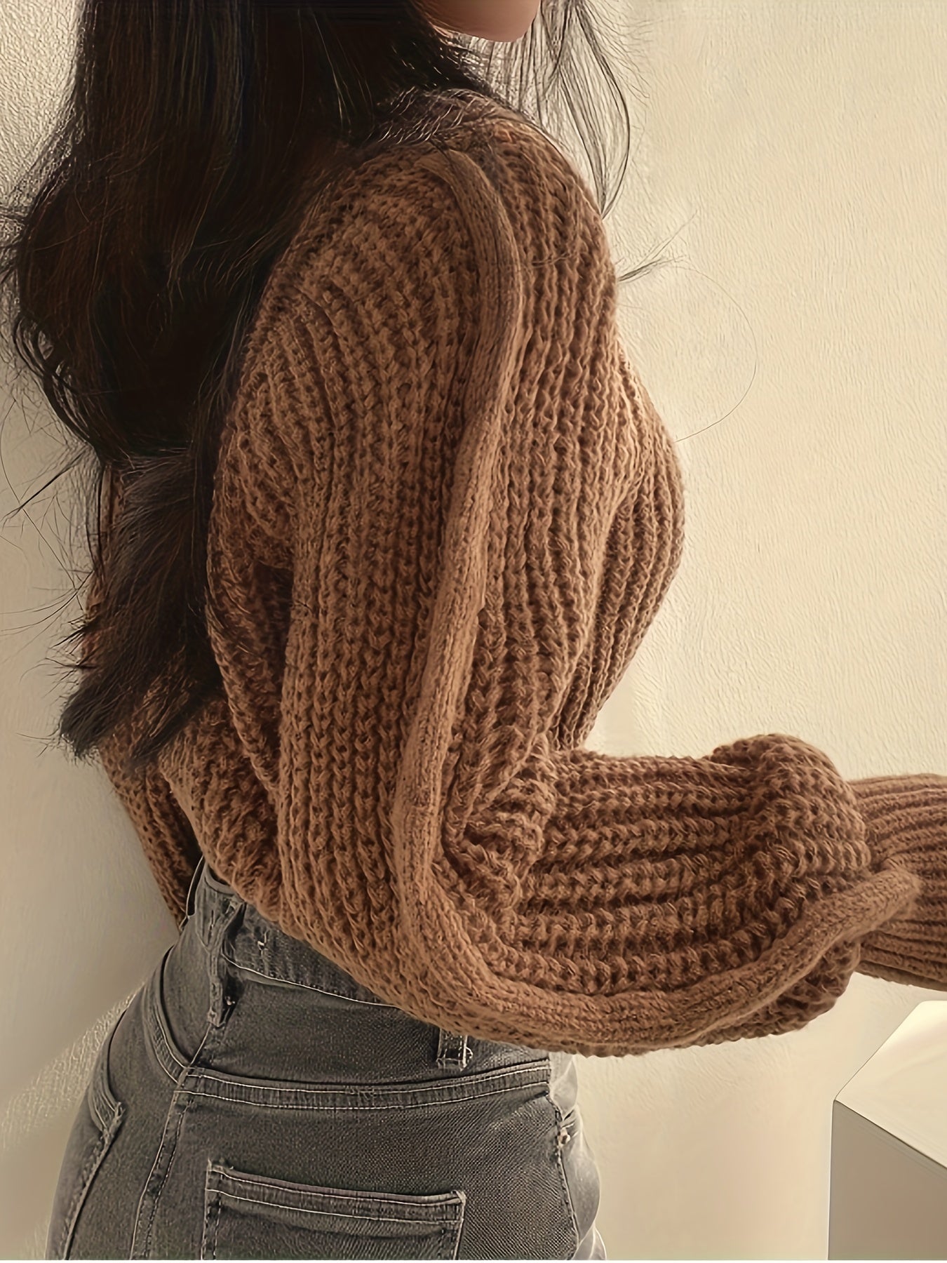 Cozy Crew Neck Crop Sweater - Women's Casual Long Sleeve Knitwear for Fall & Winter - Soft, Warm, and Comfortable Clothing for Everyday Wear