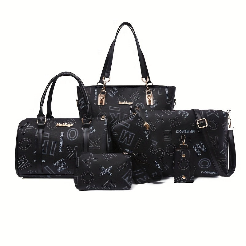 6pcs Retro Letter Print Womens Bag Set - Stylish & Versatile Tote, Boston Bag, Crossbody, Clutch, Wallet, Wristlet & Key Holder