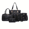 6pcs Retro Letter Print Womens Bag Set - Stylish & Versatile Tote, Boston Bag, Crossbody, Clutch, Wallet, Wristlet & Key Holder