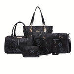 6pcs Retro Letter Print Womens Bag Set - Stylish & Versatile Tote, Boston Bag, Crossbody, Clutch, Wallet, Wristlet & Key Holder