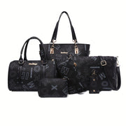 6pcs Retro Letter Print Womens Bag Set - Stylish & Versatile Tote, Boston Bag, Crossbody, Clutch, Wallet, Wristlet & Key Holder
