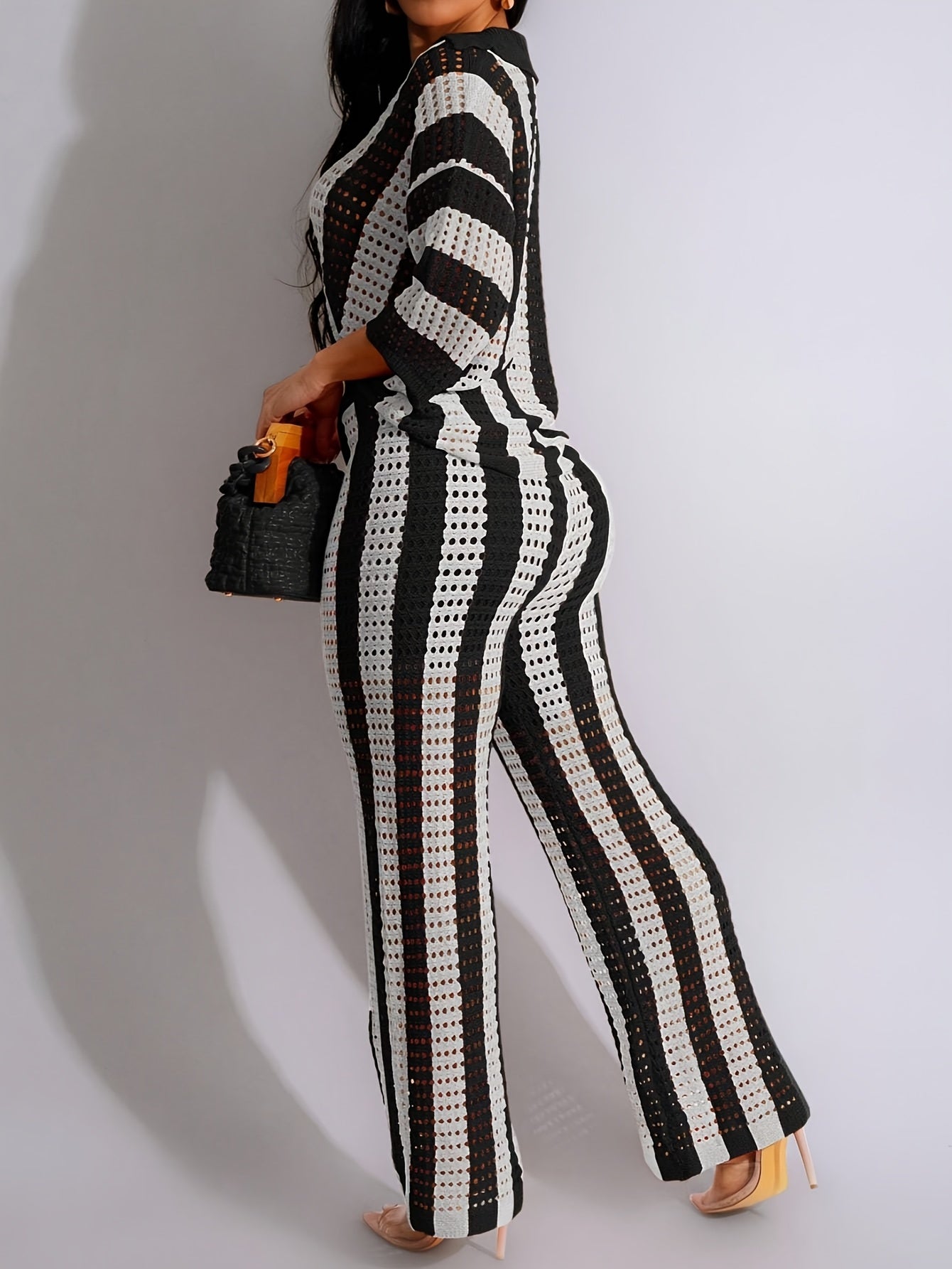 Chic Color Block Knit Top & Pants Set - V-Neck, Hollow-Out Detail, Acrylic, Striped Pattern, Single-Breasted, Vacation Ready, Casual Chic Outfit|Vneck Top|Acrylic Fabric