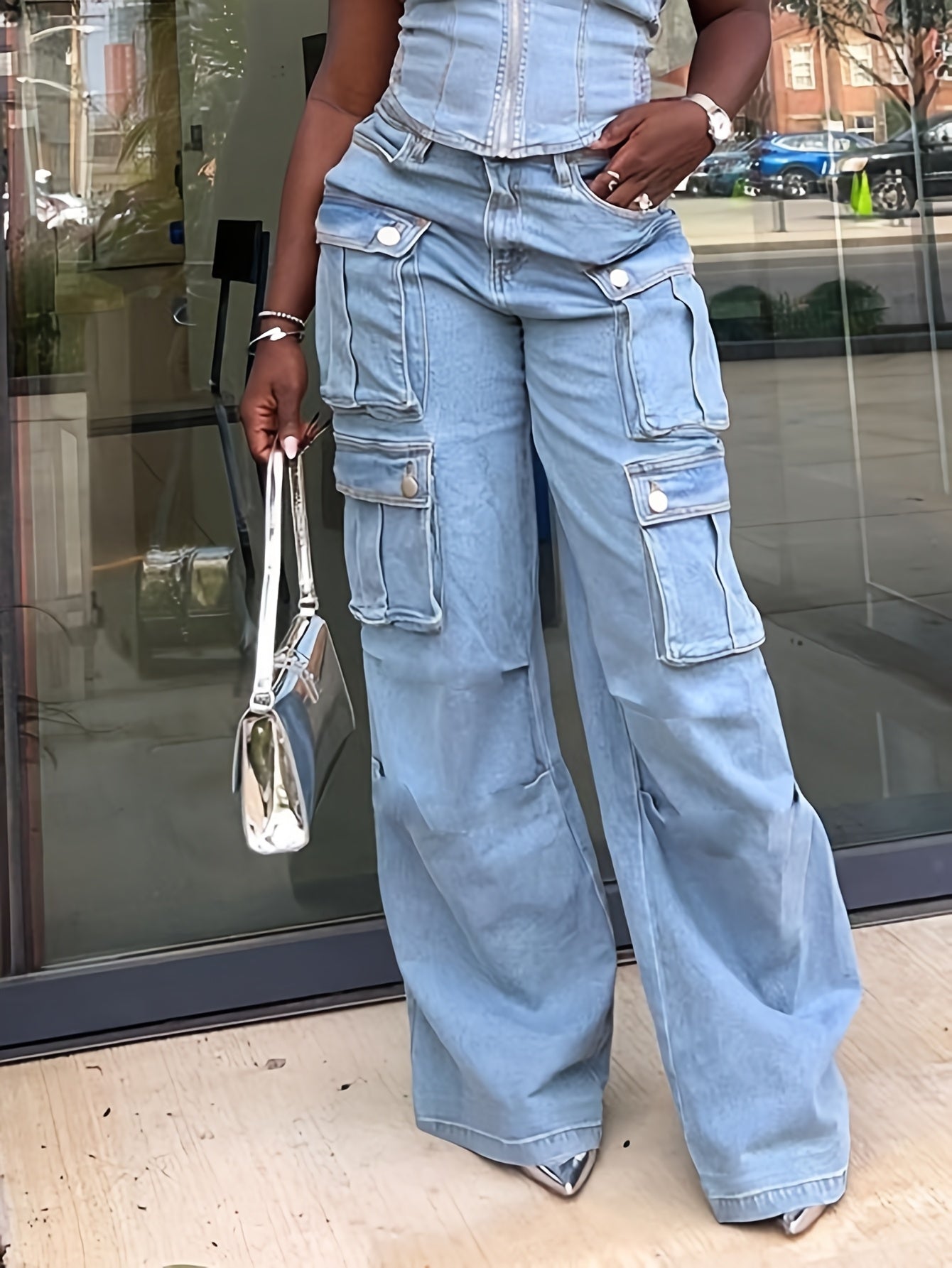 Ladies' Fashionable Retro Y2K Work Pants, High Waist Loose Wide Legs, Pockets, Comfortable Casual Style, Street Fashion Denim Pants